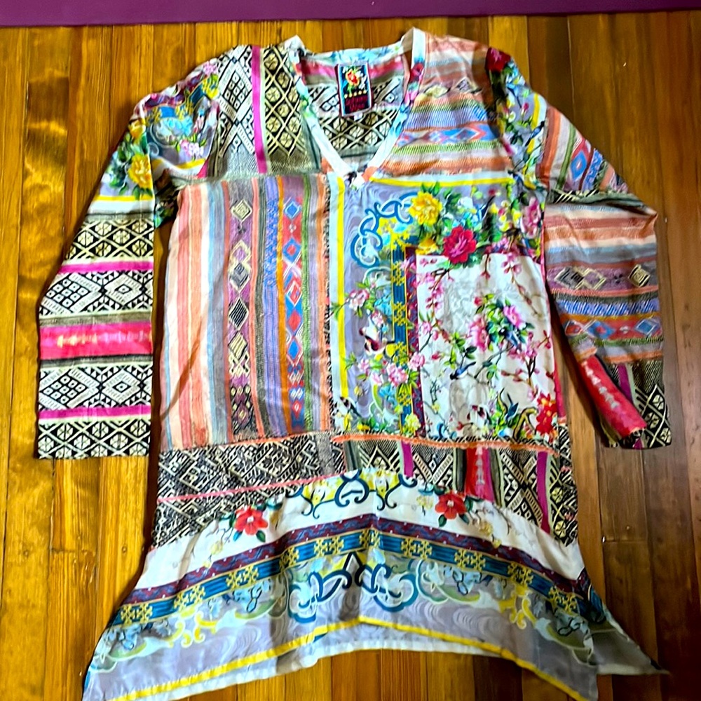Johnny Was Long-Sleeve 100% Silk Patchwork-Print Tunic size S